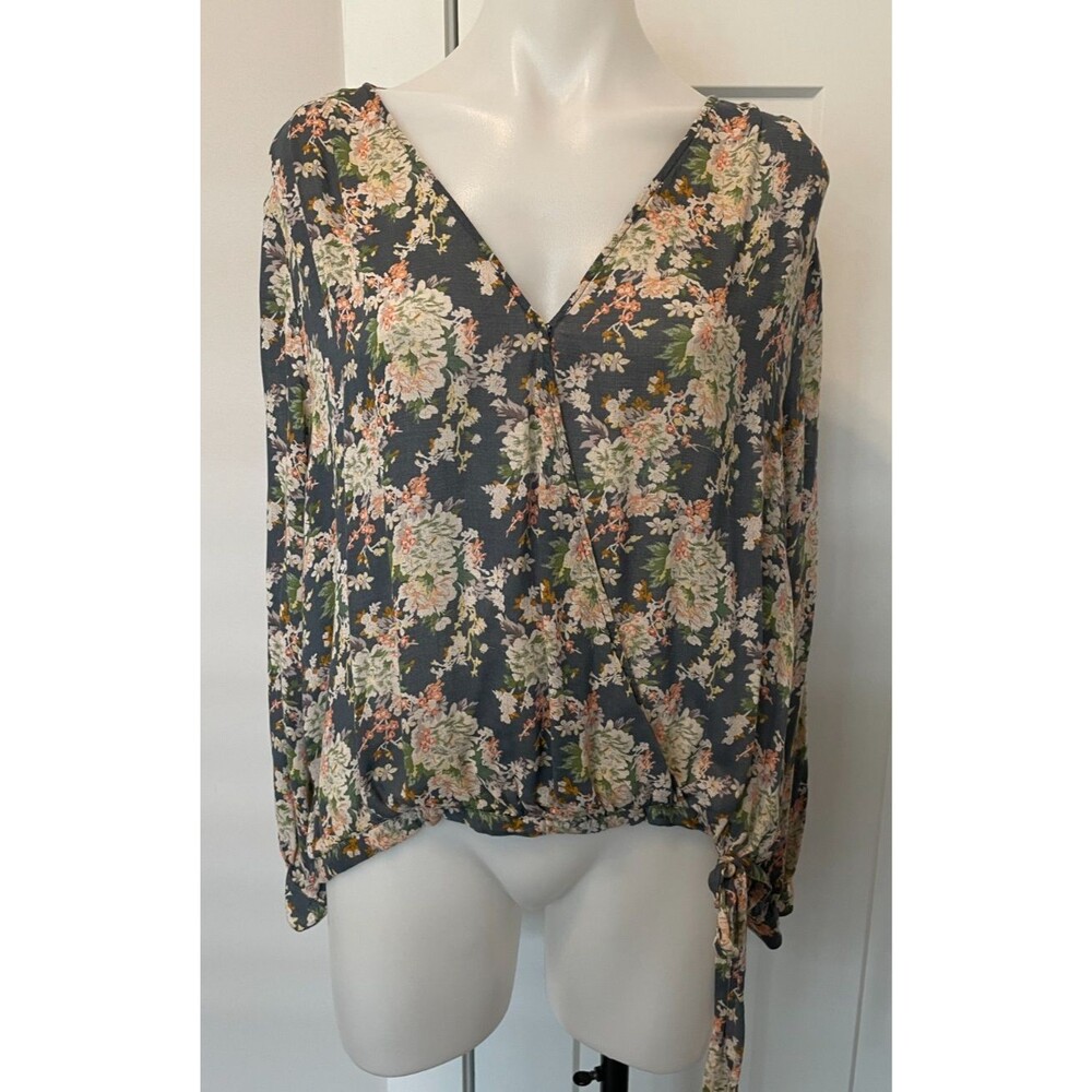 LUCKY BRAND Womens Surplice TOP Long Sleeve BLUE Pink Green FLORAL Size XL